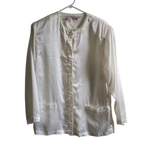 Vintage 80s C.E.O. Ivory Satin Blouse | Cream Button Up Long Sleeve Top